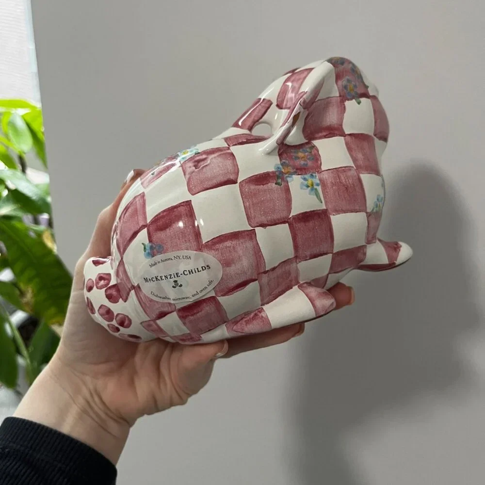 Mackenzie Childs Pink & White Quilted Bunny Bank - Picture 3 of 5